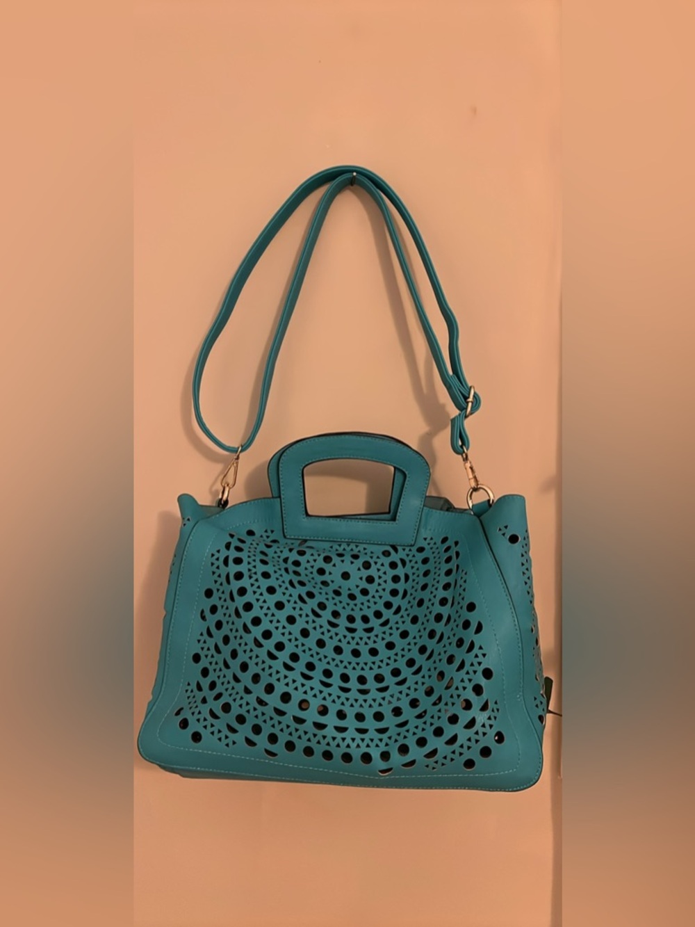 Turquoise Laser-Cut Women’s Tote Bag - Stylish Shoulder & Top Handle